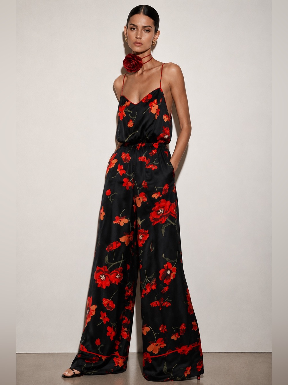 Gorgeous Red & Black Large Vibrant Floral Print Jumpsuit Pants Size Small